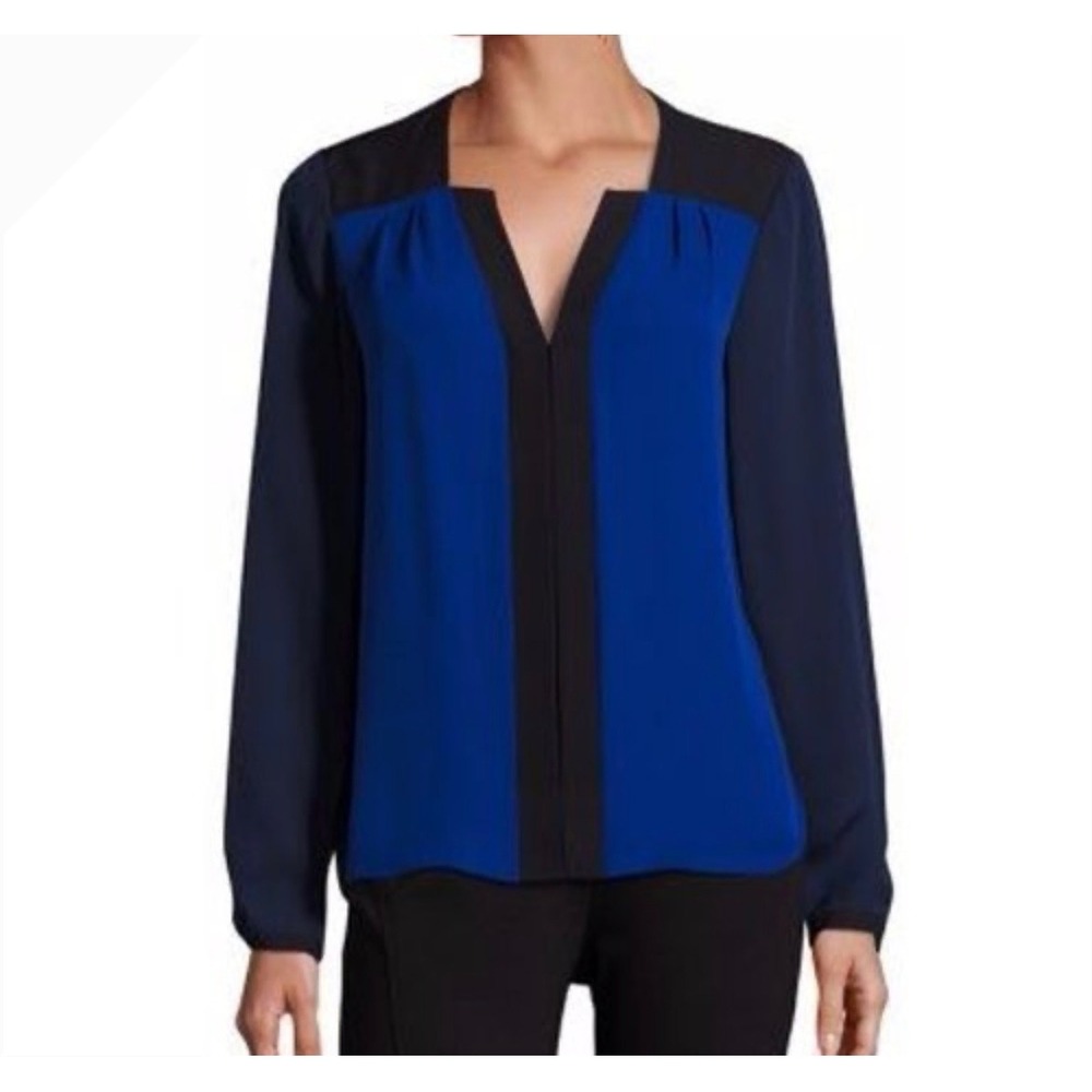 Elie Tahari Blouse Color‎ Block Long Sleeve V-Neck Top XS